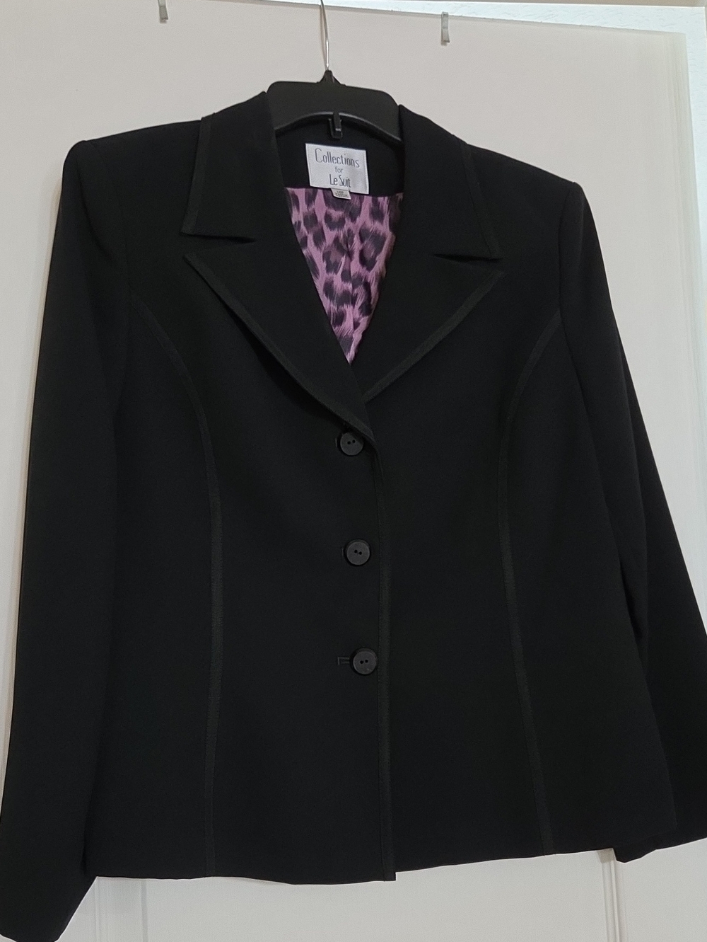 Le Suit Black Skirt Suit with Purple Leopard Lining